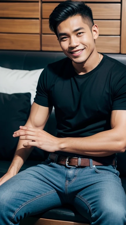 solo , 1man , thai man Sitting , blue shirt , black jeans , happy face , sit