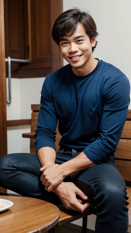 solo , 1man , thai man Sitting , blue shirt , black jeans , happy face , sit