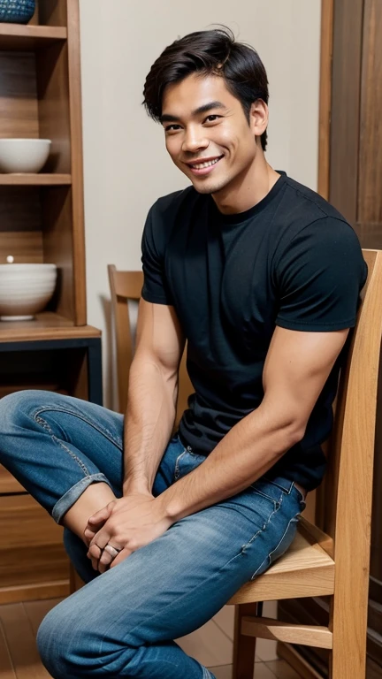 solo , 1man , thai man Sitting , white shirt , black jeans , happy , sit