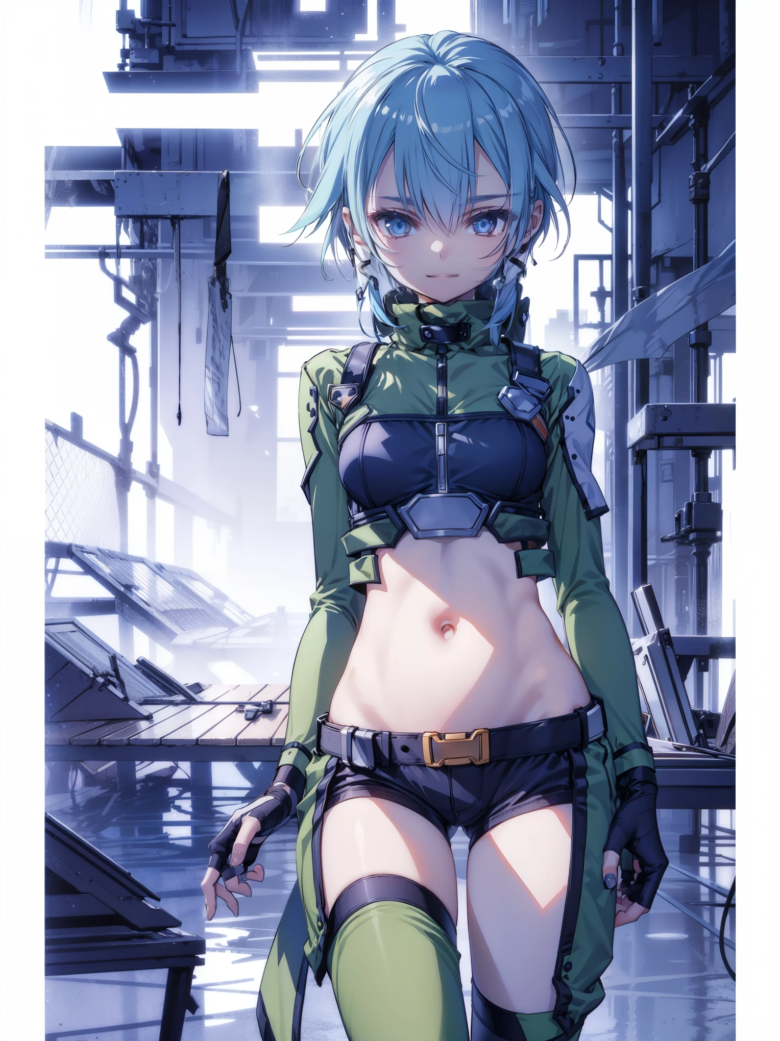 yuffiekisaragi, Yuffie Kisaragi,Haircuts, pixie cut,
壊す crop top, fingerless gloves, fishnet Thighhighs, fishnet, forehead protector, gloves, head band, belly button, short shorts, shorts, single sleeve, single thigh high, No sleeve, No sleeve turtleneck, Thighhighs, turtleneck,
bench、blue sky、smile, solo,rising_leg