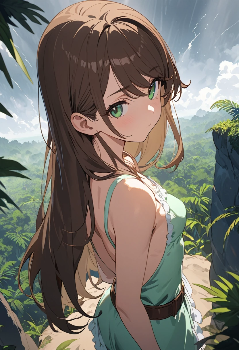 masterpiece, best quality, ultra detailed, 1girl close up, from behind, head tilt,cel shading, solid outline, ultra detailed face, rim lighting, from above, form behind, standing on cliff overlooking jungle, storm clouds, hair blowing in wind, very long brown hair, long hair, swept bangs, waist length hair, long bangs that curl, (small breasts:1.5), (toned arms, mint green summer dress, dagger sheathe, white frill trim, backless dress, brown belt, brown combat boots), jungle, tropical, tropical plants, sand, fog, sunlight filtering through the fog and branches