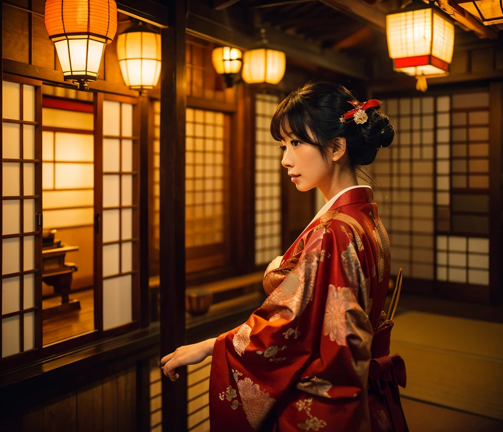8K resolution, high image quality, high quality, real, a calm scene of a beautiful and sexy woman (luxury prostitute) in the Edo period staring out of the window in a traditional Japanese red light street building. The wooden building has a sliding paper door (shoji) and a lattice window. Oilan wears an exquisite kimono with a complex design, and her hair is styled with a traditional Japanese paper up with a gorgeous hairpin. She stands by the window and looks outside with a thoughtful expression. Outside, cherry trees line the street, their petals fall gently, and traditional lanterns illuminate the street with a soft and warm glow. The atmosphere is peaceful, but there is a sense of admit.