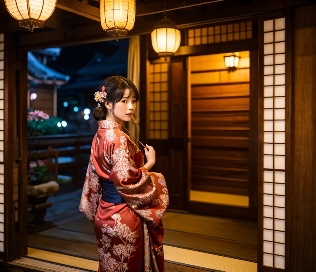 8K resolution, high image quality, high quality, real, a calm scene of a beautiful and sexy woman (luxury prostitute) in the Edo period staring out of the window in a traditional Japanese red light street building. The wooden building has a sliding paper door (shoji) and a lattice window. Oilan wears an exquisite kimono with a complex design, and her hair is styled with a traditional Japanese paper up with a gorgeous hairpin. She stands by the window and looks outside with a thoughtful expression. Outside, cherry trees line the street, their petals fall gently, and traditional lanterns illuminate the street with a soft and warm glow. The atmosphere is peaceful, but there is a sense of admit.