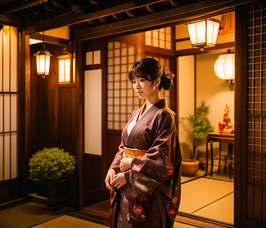 8K resolution, high image quality, high quality, real, a calm scene of a beautiful and sexy woman (luxury prostitute) in the Edo period staring out of the window in a traditional Japanese red light street building. The wooden building has a sliding paper door (shoji) and a lattice window. Oilan wears an exquisite kimono with a complex design, and her hair is styled with a traditional Japanese paper up with a gorgeous hairpin. She stands by the window and looks outside with a thoughtful expression. Outside, cherry trees line the street, their petals fall gently, and traditional lanterns illuminate the street with a soft and warm glow. The atmosphere is peaceful, but there is a sense of admit.