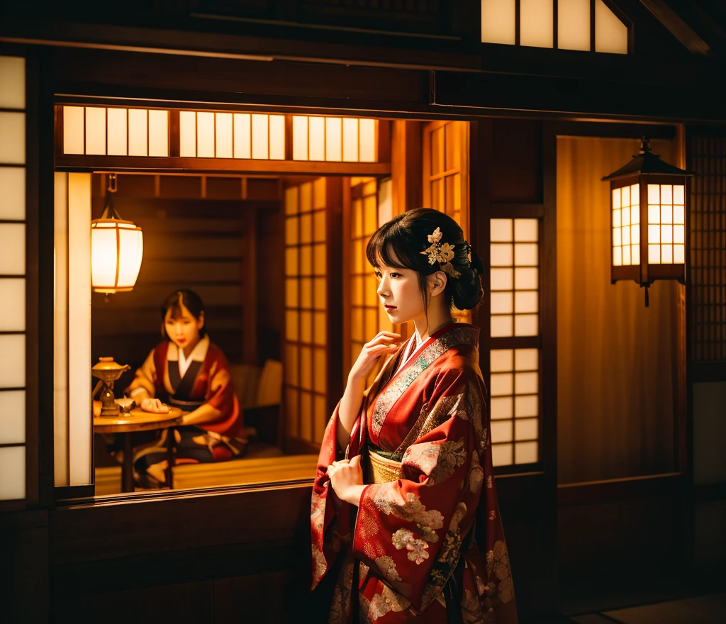 8K resolution, high image quality, high quality, real, a calm scene of a beautiful and sexy woman (luxury prostitute) in the Edo period staring out of the window in a traditional Japanese red light street building. The wooden building has a sliding paper door (shoji) and a lattice window. Oilan wears an exquisite kimono with a complex design, and her hair is styled with a traditional Japanese paper up with a gorgeous hairpin. She stands by the window and looks outside with a thoughtful expression. Outside, cherry trees line the street, their petals fall gently, and traditional lanterns illuminate the street with a soft and warm glow. The atmosphere is peaceful, but there is a sense of admit.