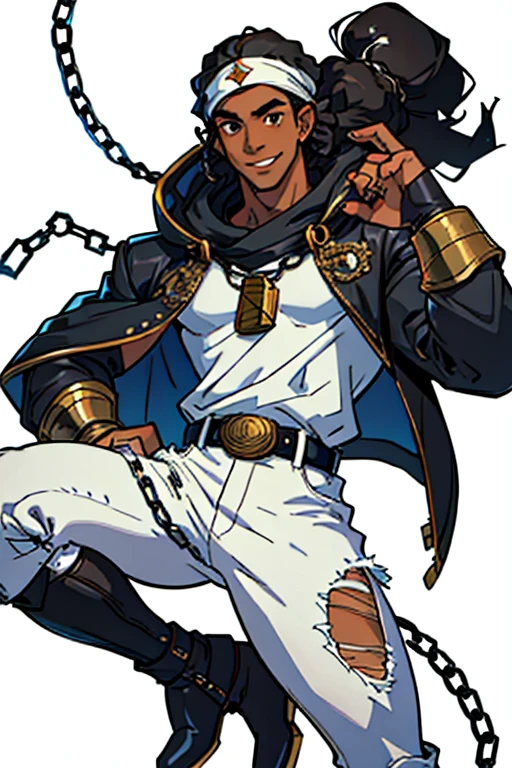 afro young man full body image, with 1,90 m tall and the power to control chains an athletic body. He has black curly hair with a turban band around his hair and two strands of white curls on his face and shiny black eyes.. Your skin is black and your smile is captivating, always displaying confidence and charisma. by a characteristic white regatta shirt with a spiral symbol and a black jacket on top with white details and hood and black jeans cropped at the knee, with chains, stylish black military boots full of belts and chains,