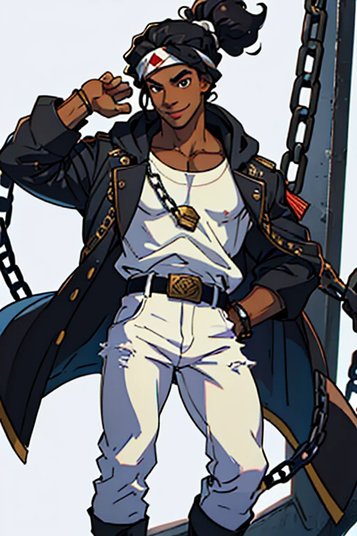 afro young man full body image, with 1,90 m tall and the power to control chains an athletic body. He has black curly hair with a turban band around his hair and two strands of white curls on his face and shiny black eyes.. Your skin is black and your smile is captivating, always displaying confidence and charisma. by a characteristic white regatta shirt with a spiral symbol and a black jacket on top with white details and hood and black jeans cropped at the knee, with chains, stylish black military boots full of belts and chains,