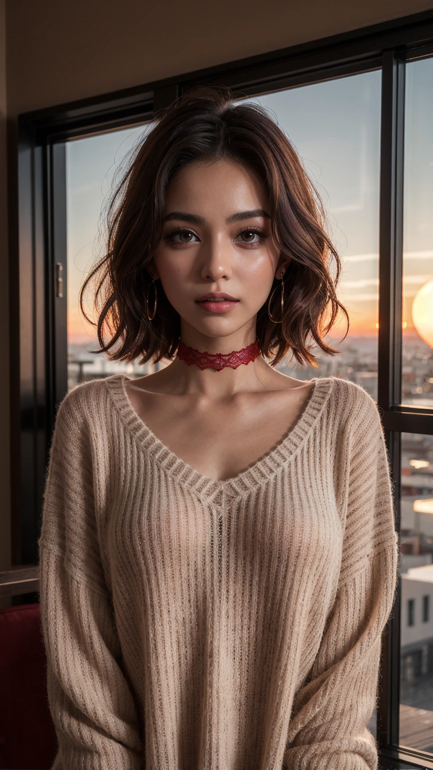 (best quality,highly detailed,masterpiece,8k,32k,UHD:1.2),
1girl,
little smile,

1 young cute iranian girl,very slim,skinny,redhead,rouge,red neck lace choker,cateyes makeup,colorful,oversize knit jumper,softcore,warm lighting,cosy atmosphere,Instagram style,red theme,upper body shot,(cinematic, black and red:0.85),(sunset beautiful background:1.3),sharp,dim colors,