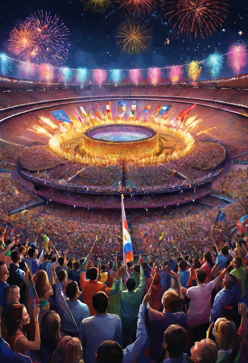 A digital painting of a joyful Olympic Games opening ceremony. Athletes from around the world march into the stadium, waving their national flags. The crowd is filled with smiling faces, colorful confetti fills the air, and fireworks light up the evening sky. The realistic details capture the excitement and grandeur of the event, emphasizing the unity and pride of the athletes.
