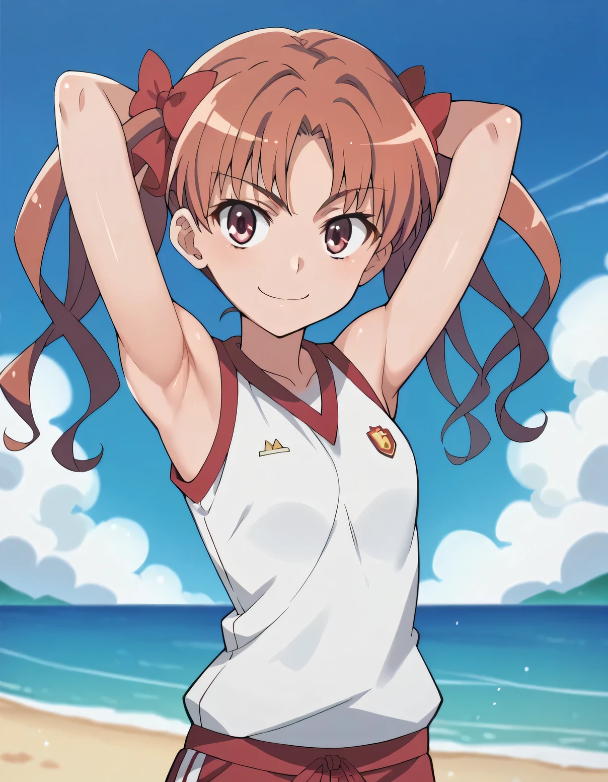 kuroko, gym, shiny skin, masterpiece, best quality, closed mouth, solo, (cowboy shot:1.5), night sky, beach, arms behind head, contrapposto, spread armpits, smile,