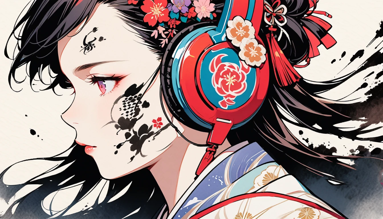 (((Ink Painting))), ((Japanese style headphones)), (((Japanese pattern tattoo on face))), face close up, Gorgeous hair accessories, Japan人の美少女, Fluttering Hair, Japan, Japanese flag, pink