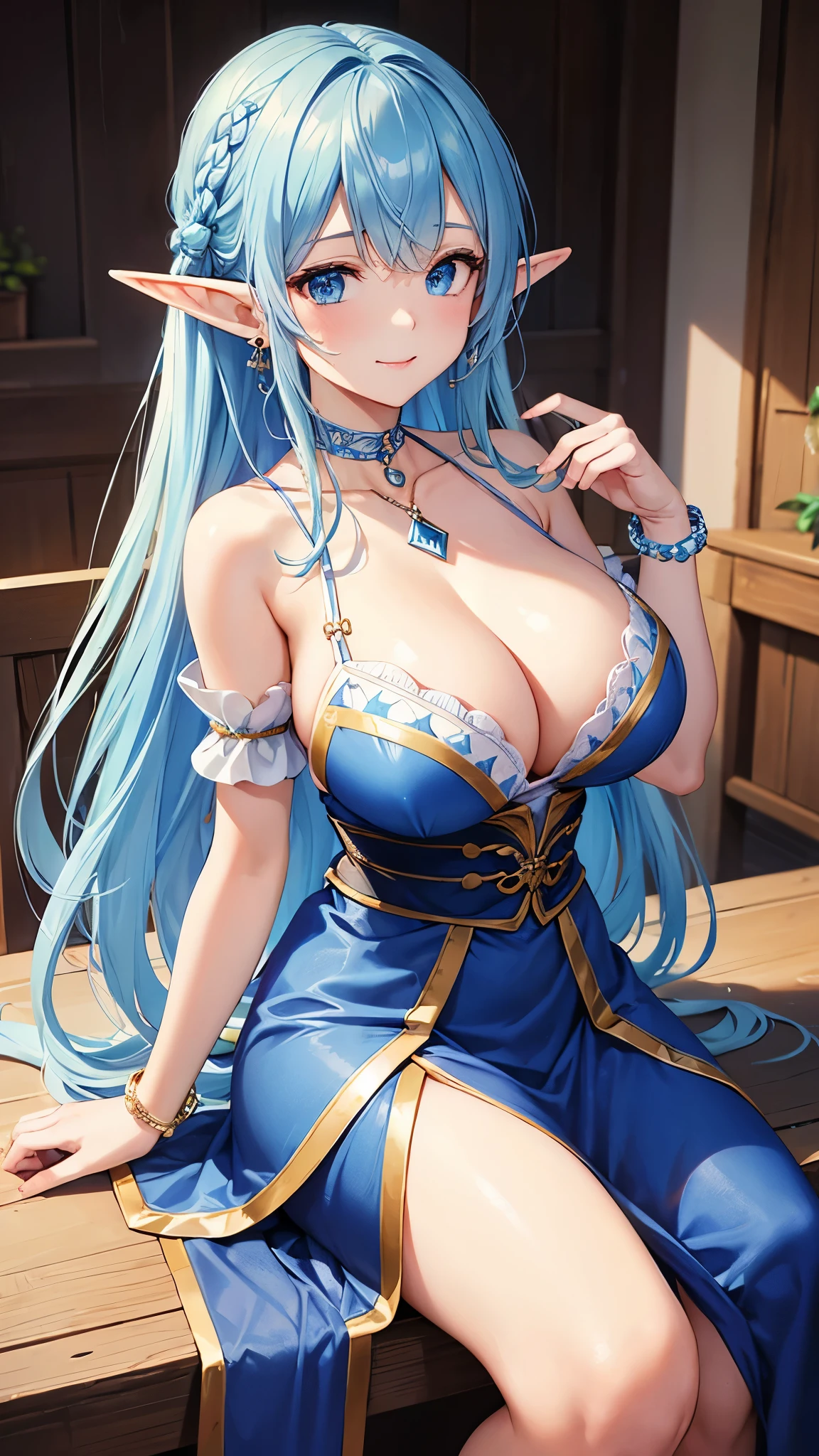 Highest quality、Highest quality、masterpiece、(8k resolution),beauty(Age 25)、(Mature Appearance)、Light blue long hair(Braiding of the sides)、blue eyes、(Blue underwear with detailed embroidery)、(Elf)、Big cleavage、((Very large breasts))、smile、blue necklace、Blue Earrings、background(ice)、Please open your mouth wide、bracelet、Dynamic pose、Blue choker、(Both ears are the same length)、Putting ribbons on the hair