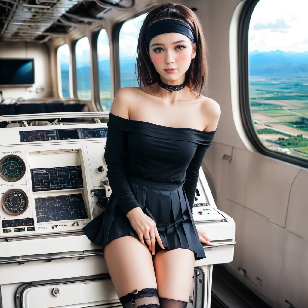 looking at viewer, blush, skirt, shirt, thighs, long sleeves, bare shoulders, jewelry, collarbone, pleated skirt, headband, choker, black thighs, miniskirt, black skirt, off shoulder, black shirt, garter, ring, inner space, windows, landscape (complex details), (photorealistic), (best quality), (realistic), (unrealistic engine 5), (volumetric lighting), (realistic lighting), (depth of field), (highly detailed CG unity 8k), (smooth)