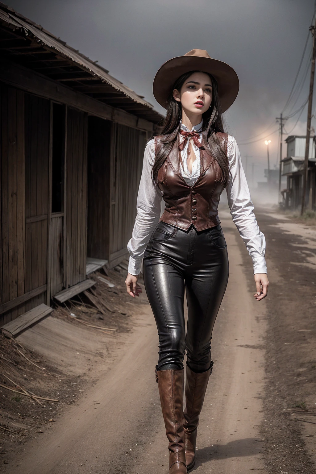 Full body cowboy woman circa 1880s, Brown long straight hair, Brown eyes, High arched eyebrows, Slender and graceful neck, Red lips, Large Breasts, Brown Leather Tights, Sleeveless Brown Leather Vest, Leather Boots, Walking on the dusty sandy streets of a deserted North American town,The wind blew through her hair, Practical, photoPractical, photoPractical, fear, Dark gloomy atmosphere and dramatic lighting, dark red, Foggy environment, Detailed facial expressions, Terrible fog