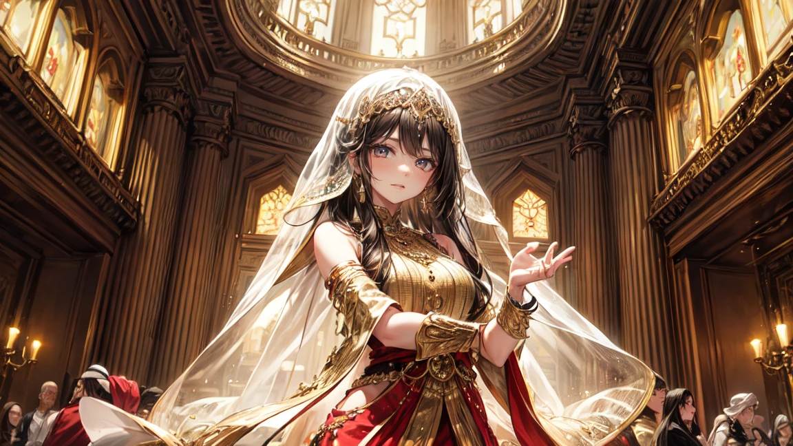 A beautiful woman in an elaborate, gold and emerald outfit similar to traditional Arabian or Persian attire, dancing in front of a majestic palace. The palace features intricate architecture with domes and arches, reflecting the splendor of ancient Arabian or Persian design. The woman has long, flowing dark hair adorned with gold jewelry and a confident expression. Her face is partially covered by a delicate face veil, revealing only her expressive eyes. Her attire includes intricate patterns and details, capturing the essence of Arabian or Persian culture. The overall atmosphere should be both regal and captivating, with the woman's graceful dance movements adding to the scene's elegance and charm.