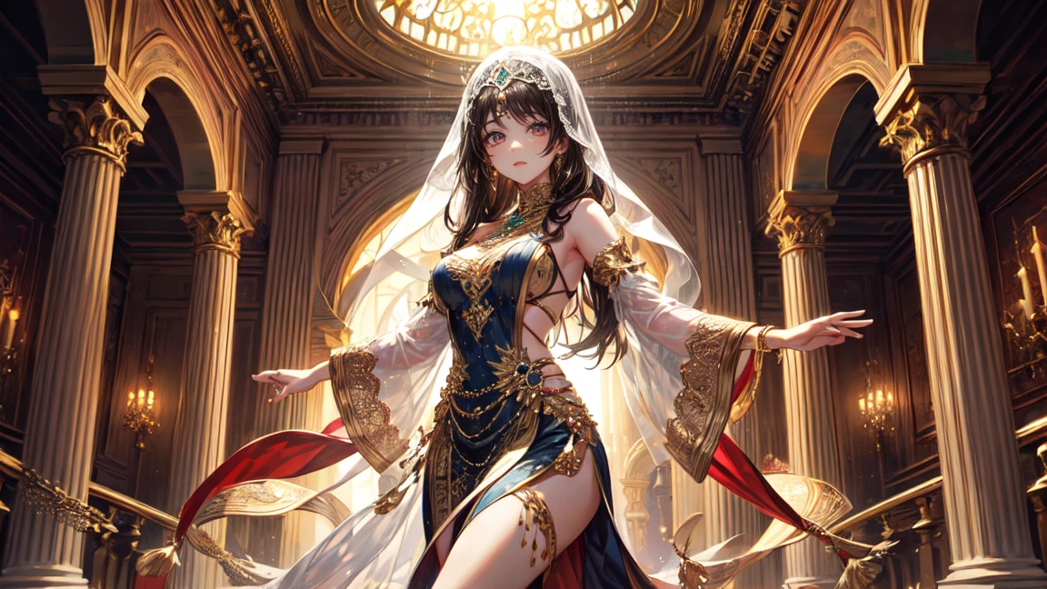 A beautiful woman in an elaborate, gold and emerald outfit similar to traditional Arabian or Persian attire, dancing in front of a majestic palace. The palace features intricate architecture with domes and arches, reflecting the splendor of ancient Arabian or Persian design. The woman has long, flowing dark hair adorned with gold jewelry and a confident expression. Her face is partially covered by a delicate face veil, revealing only her expressive eyes. Her attire includes intricate patterns and details, capturing the essence of Arabian or Persian culture. The overall atmosphere should be both regal and captivating, with the woman's graceful dance movements adding to the scene's elegance and charm.