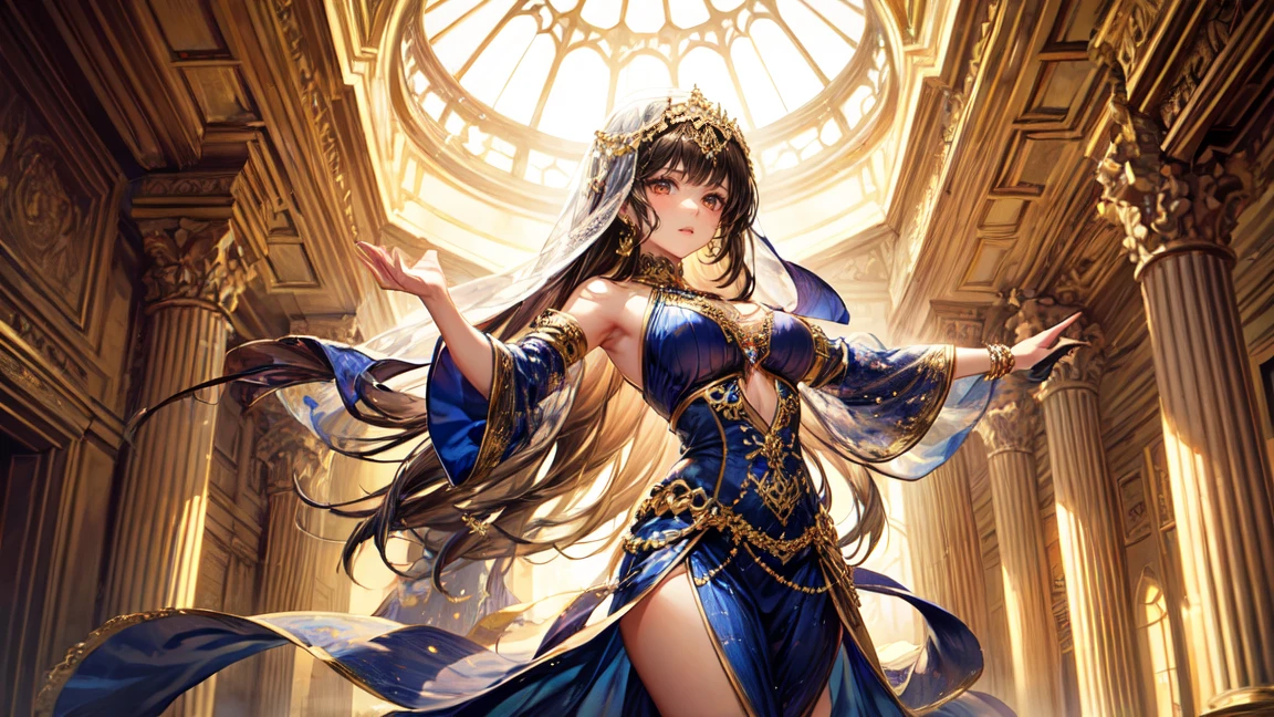 A beautiful woman in an elaborate, gold and emerald outfit similar to traditional Arabian or Persian attire, dancing in front of a majestic palace. The palace features intricate architecture with domes and arches, reflecting the splendor of ancient Arabian or Persian design. The woman has long, flowing dark hair adorned with gold jewelry and a confident expression. Her face is partially covered by a delicate face veil, revealing only her expressive eyes. Her attire includes intricate patterns and details, capturing the essence of Arabian or Persian culture. The overall atmosphere should be both regal and captivating, with the woman's graceful dance movements adding to the scene's elegance and charm.