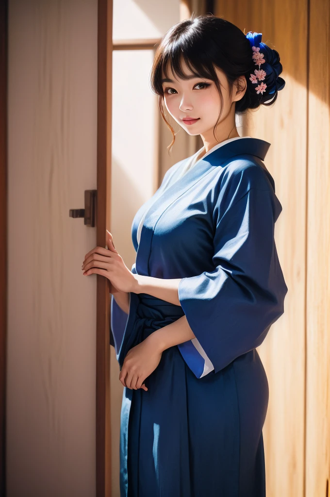 Arav woman in blue dress standing in front of wooden door, Japanese clothes, Wearing a simple robe, wearing Blue robe, Wearing a simple robe, classy yukata, Wearing Kimono, wearing a Blue robe, yukata, Blue robe, Hanbok Apron, Hakama Japanese clothing, Korean woman, Japanese style, Traditional Japanese, Inspired by Shin Yoon-bok，strike a model pose