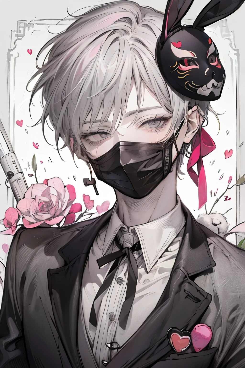 Beautiful young man, pinkpurple-haired, ((Gray eyes)),(short wave hair:1.2), (black mask:1.2),((bunny girl cosplay:1.2)),clear wear,High quality, amount of drawing, pixiv illustration,(heart:1.2),close-up Face,red-cheek,(NSFW:1.0).
