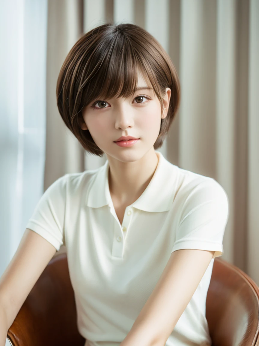 semi-realistic anime style、Cute short hair skinny girl、White curtain room、Wearing a white polo shirt、Good style、Beautiful eyes、Short Hair、Sitting in a chair