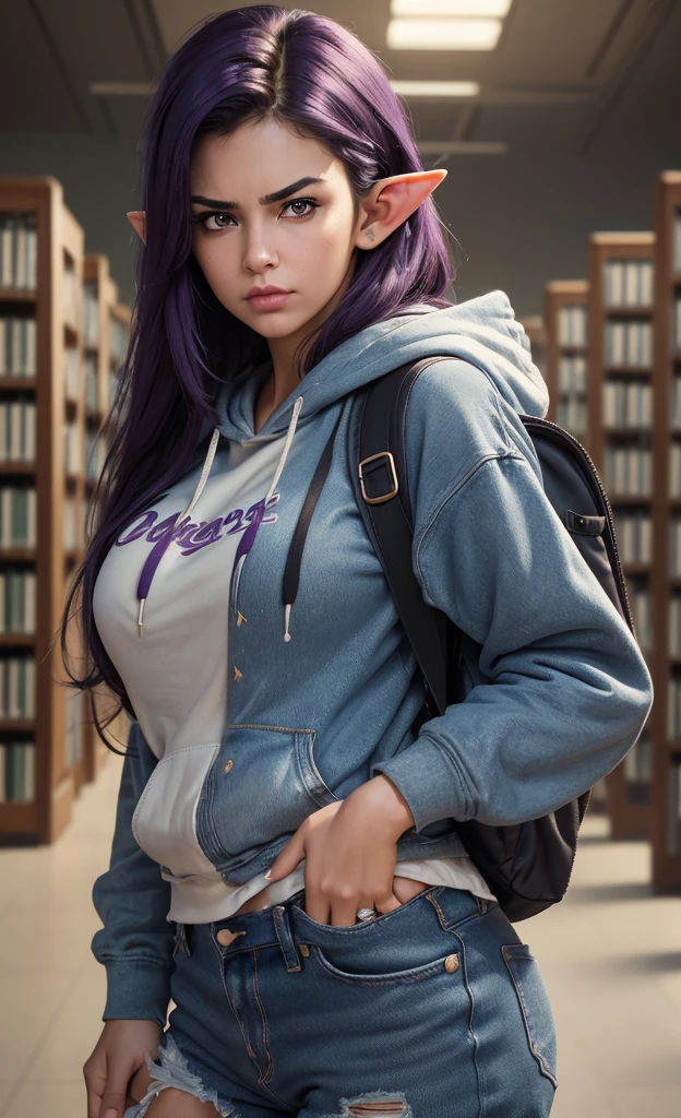 (masterpiece), (extremely intricate:1.3), (realistic), portrait of a girl, huge and perfect breasts, the most beautiful in the world, dark eyebrows, bright purple hair, (Sue Clearwater:1.3), scowl, (annoyed pout:1.2), blushing heavily, (oversized baggy cosy hoodie), (ripped baggy jeans), (canvas sneakers), (backpack), (elf ears:1.1), tanned, detailed textures, indoors, bright sunlight, (college library:1.4), professional photograph of a stunning woman detailed, looking at the camera, alluring stare, detailed eyes, sharp focus, dramatic, award winning, cinematic lighting, octane render unreal engine, volumetrics dtx, (film grain, blurry background, blurry foreground, bokeh, depth of field, motion blur:1.3)