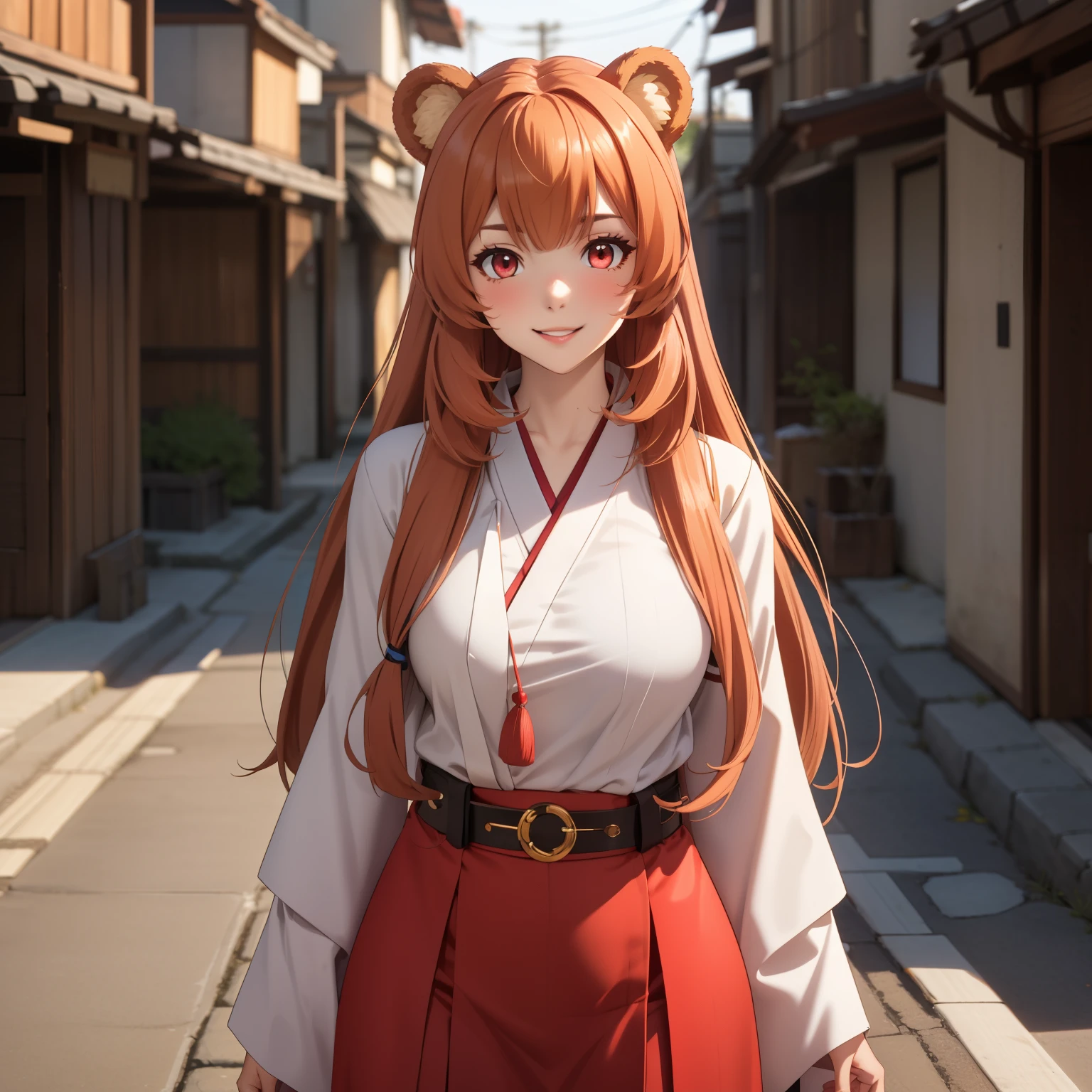 Raphtalia woman 35 years old straight orange hair , bear ears redondeadas, red eyes like ruby., flirtatious smile, Pale skin, big breasts, japanese priestess clothing, White and red, pink belt, , bear ears, , background an old japanese street.