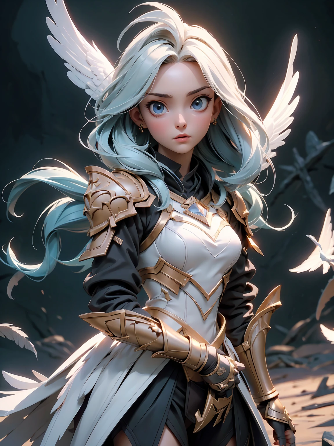 1girl, angel, angel_wings, armor, feathers_long, wing, feathers_hair, shoulder_armor, solo, upper_body, white_theme, white_wings, wings, best_quality, 4k, 8k, highres, masterpiece:1.2, ultra-detailed, realistic, photorealistic:1.37, HDR, UHD, studio_lighting, ultra-fine_painting, sharp_focus, physically-based_rendering, extreme_detail_description, professional, vivid_colors, bokeh, digital_painting, dramatic_lighting, intricate_details, cinematic_composition, fantasy_art
