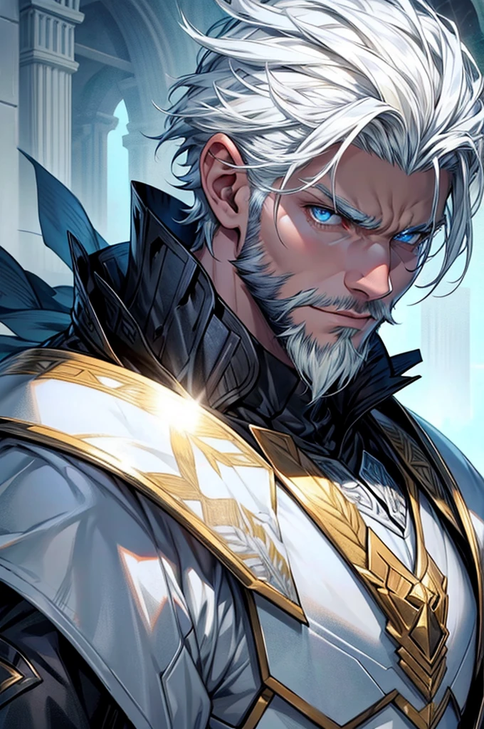 white king, High and imposing, short cut white hair, well-groomed beard. light blue eyes, but with a more severe look. Wear white armor with silver details