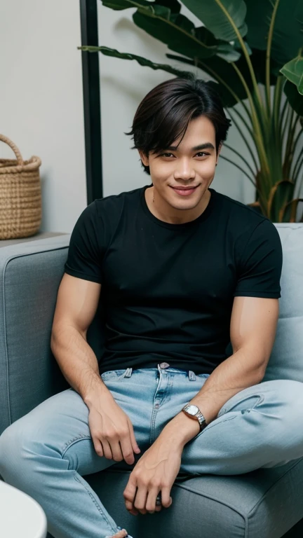 solo , 1man , thai man Sitting , blue shirt , black jeans , happy , sit