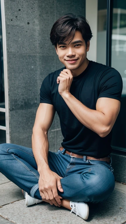 solo , 1man , thai man Sitting , blue shirt , black jeans , happy , sit