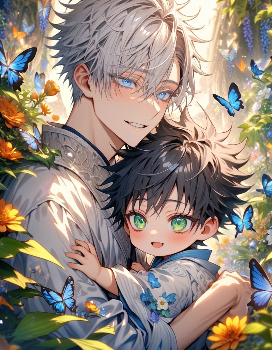 Ultra detailed, HDR, Highres, absurdres, master piece, Gojou Satoru as a chibi, white hair with bangs, expressive blue eyes, white eyelashes, Fushiguro Megumi as a chibi, black hair, expressive green eyes, white haori, light blue kimono, Jujutsu Kaisen, flowers, butterflies, fantasy, magical, green leaves, summer, two boys together, gay couple, yaoi, cute, smiling