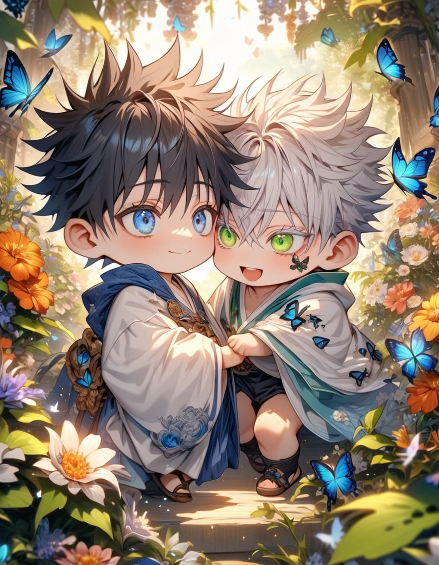 Ultra detailed, HDR, Highres, absurdres, master piece, Gojou Satoru as a chibi, white hair with bangs, expressive blue eyes, white eyelashes, Fushiguro Megumi as a chibi, black hair, expressive green eyes, white haori, light blue kimono, Jujutsu Kaisen, flowers, butterflies, fantasy, magical, green leaves, summer, two boys together, gay couple, yaoi, cute, smiling