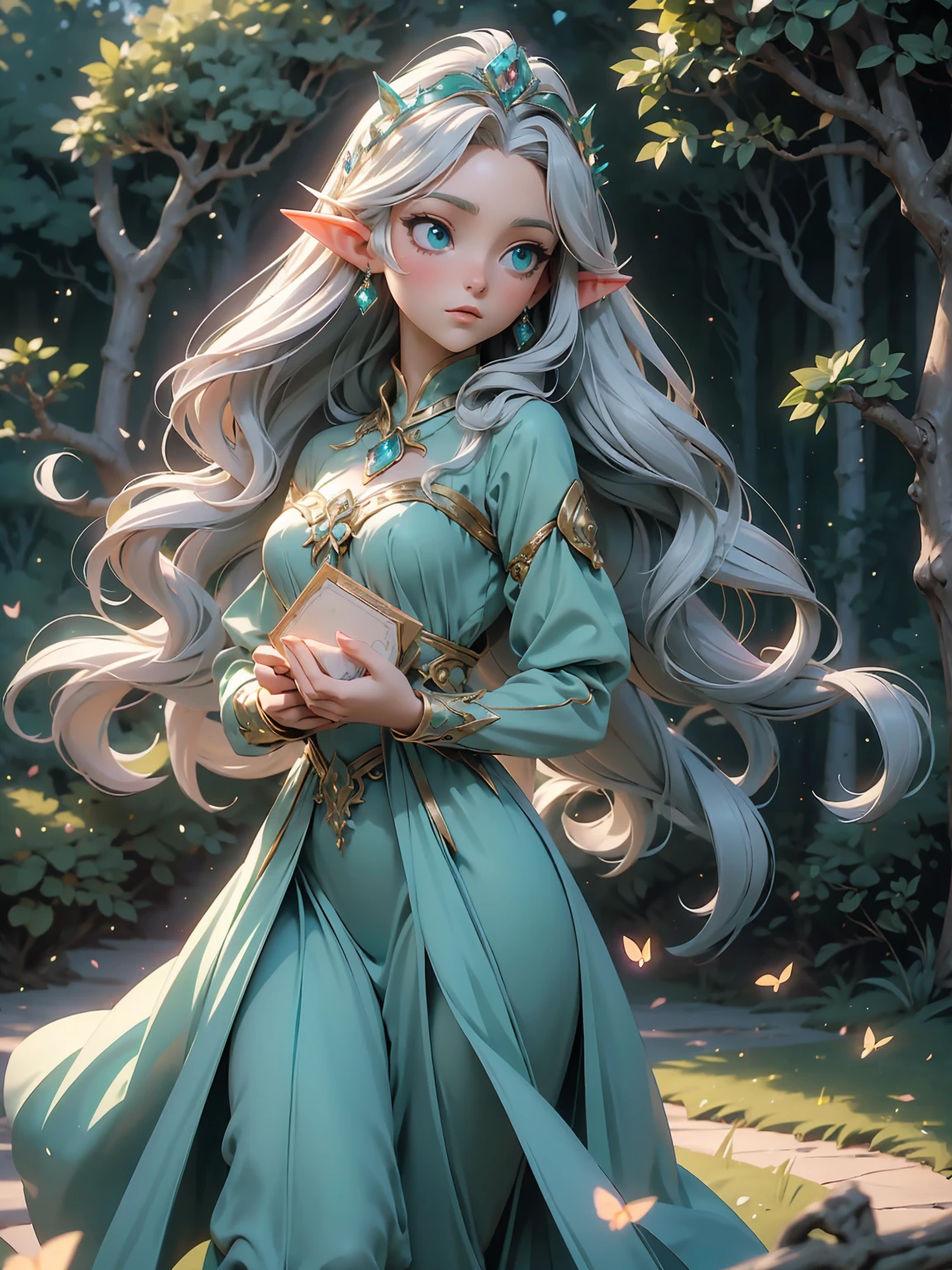 Create a stunning artwork of a majestic elf girl standing in a beautiful, serene landscape. The elf girl should have long, flowing hair, pointed ears, and elegant, ethereal features. She wears a flowing gown adorned with intricate patterns that complement her graceful appearance.
Details for the elf girl:
Long, wavy silver or golden hair.
Deep, expressive eyes (colors like emerald green or sapphire blue).
A delicate tiara or circlet on her head, embellished with small gemstones.
Ears should be pointed, characteristic of elves.
Her gown should be elegant and detailed, possibly in shades of white, blue, or forest green, with floral or celestial motifs.
She could be holding a staff or an ancient book, adding a touch of mystique.
Details for the scenery:
A magical forest with towering, ancient trees and luminescent flora.
A sparkling river or a serene lake reflecting the soft glow of the setting sun or moonlight.
Rolling hills or mountains in the background, covered with lush greenery.
A sky filled with a mesmerizing blend of colors from a sunset or a starry night.
Elements like ethereal lights, floating petals, or mystical creatures like butterflies or fireflies to enhance the magical atmosphere.