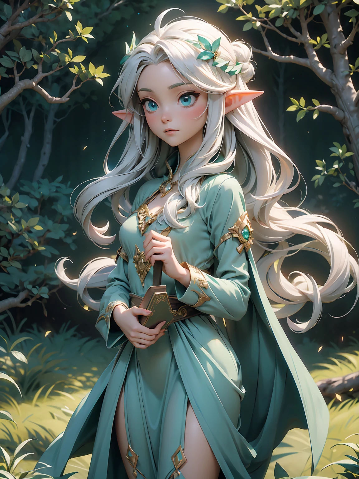 Create a stunning artwork of a majestic elf girl standing in a beautiful, serene landscape. The elf girl should have long, flowing hair, pointed ears, and elegant, ethereal features. She wears a flowing gown adorned with intricate patterns that complement her graceful appearance.
Details for the elf girl:
Long, wavy silver or golden hair.
Deep, expressive eyes (colors like emerald green or sapphire blue).
A delicate tiara or circlet on her head, embellished with small gemstones.
Ears should be pointed, characteristic of elves.
Her gown should be elegant and detailed, possibly in shades of white, blue, or forest green, with floral or celestial motifs.
She could be holding a staff or an ancient book, adding a touch of mystique.
Details for the scenery:
A magical forest with towering, ancient trees and luminescent flora.
A sparkling river or a serene lake reflecting the soft glow of the setting sun or moonlight.
Rolling hills or mountains in the background, covered with lush greenery.
A sky filled with a mesmerizing blend of colors from a sunset or a starry night.
Elements like ethereal lights, floating petals, or mystical creatures like butterflies or fireflies to enhance the magical atmosphere.