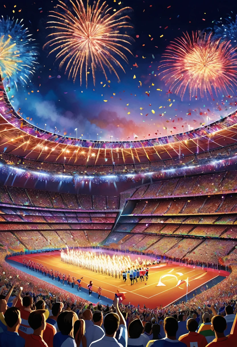 A digital painting of a joyful Olympic Games opening ceremony. Athletes from around the world march into the stadium, waving their national flags. The crowd is filled with smiling faces, colorful confetti fills the air, and fireworks light up the evening sky. The realistic details capture the excitement and grandeur of the event, emphasizing the unity and pride of the athletes.

