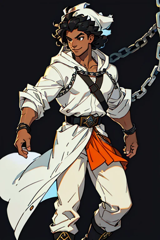 afro young man full body image, with 1,90 m tall and the power to control chains an athletic body. He has black curly hair with a turban band around his hair and two strands of white curls on his face and shiny black eyes.. Your skin is black and your smile is captivating, always displaying confidence and charisma. by a characteristic white regatta shirt with black spiral details and a black coat on top with white details and hood and black jeans cropped at the knee, with chains, stylish black military boots full of belts and chains,