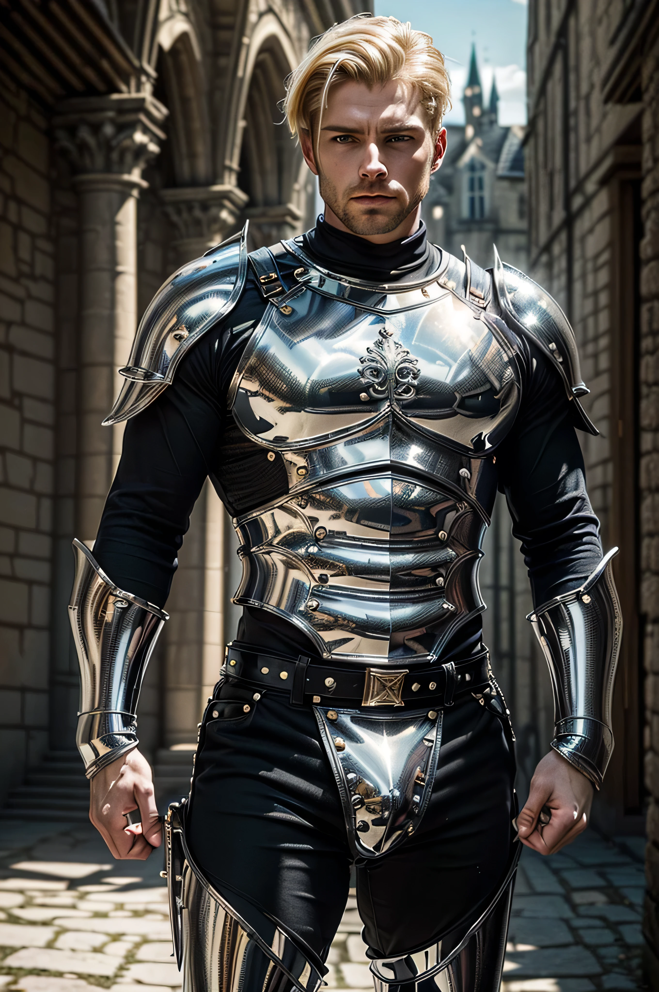 (masterpiece, photorealistic:1.4, extremely intricate:1.3), (photon mapping, radiosity, physically based rendering, ultra resolution, hyper-realistic, photorealistic:1.4, hyper-realistic, 8K), muscular man, ((black chrome late renaissance armor:1.4, chrome rivets (torso photograph, showing off his bulge)), metal reflections, outdoors, medieval battlefield, intense sunlight, far away castle, moat, (shaved blonde hair, dynamic pose), sharp focus, dramatic, award winning, cinematic lighting, (film grain, bokeh, interaction)