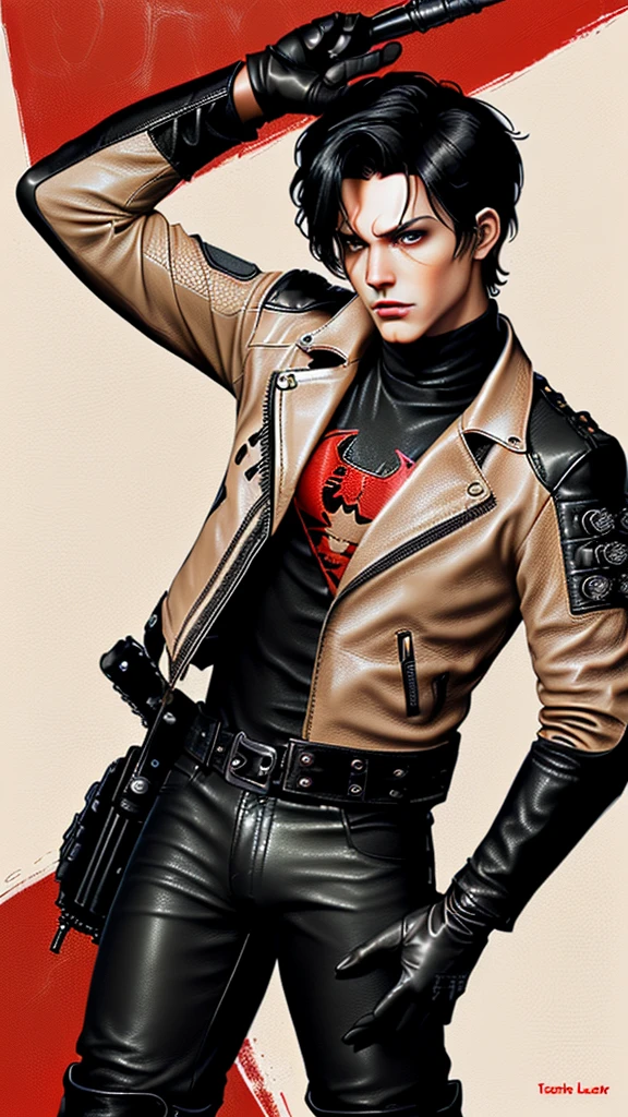 ,((jason todd)),((young cute and cool ikemen boy)), ((face is no paint and no mask)),((mesh bands only white color)),his age is early 20s, thin eyebrows and beady eyes, ((he wearing all beige color thin leather jacket)),(( single-brest)),((leather jacket is long sleeve)),((also wearing black thick material turtleneck lackluster shirts)),((chest area on a red color bat illustration)), ((tight dark gray color leather pants)),((put on black color tactical leather glove on both hands)) ((looks like motorcycle leather glove)(,,((black color middle length leather boots)),((Japanese style character))