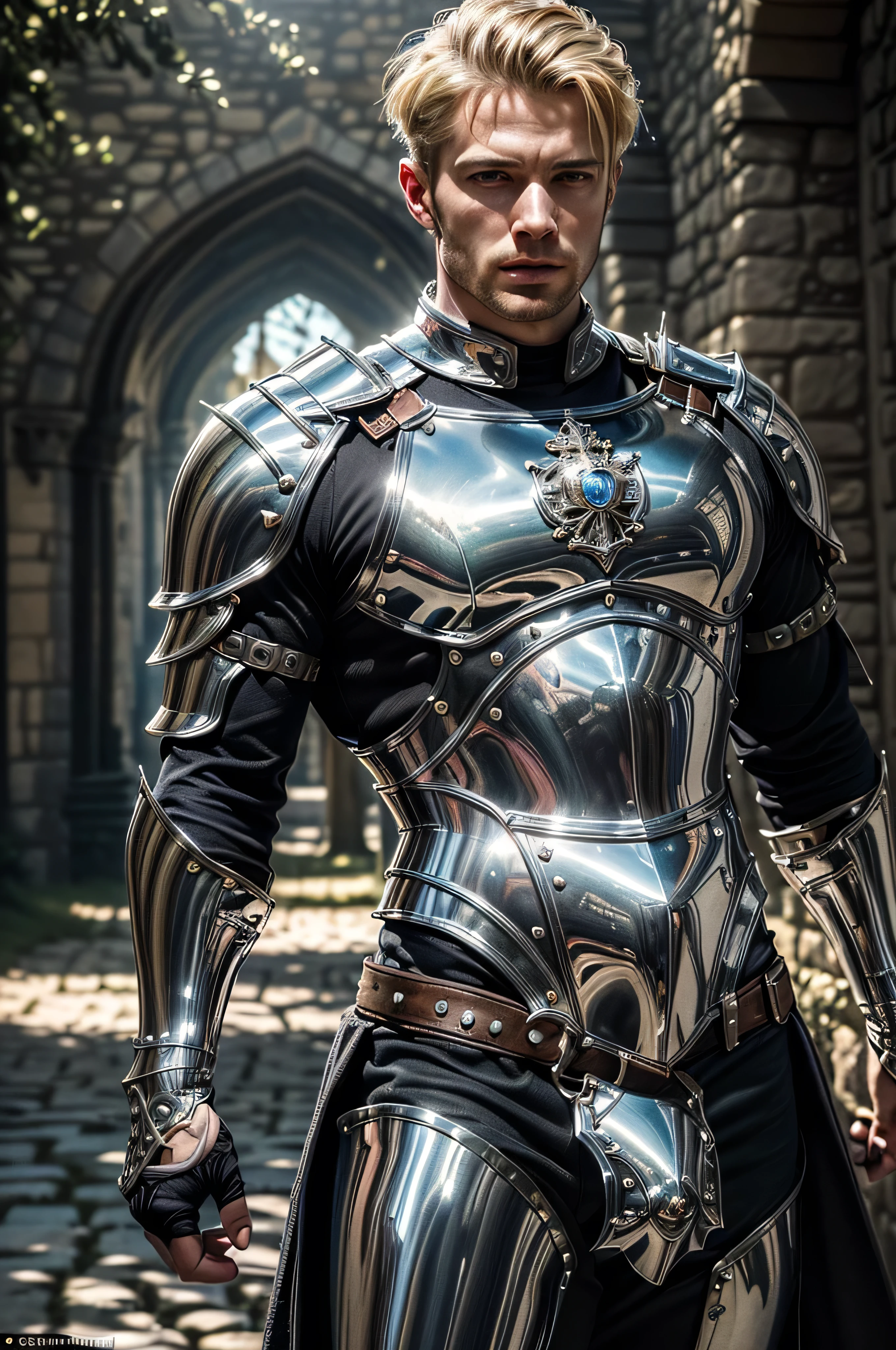 (masterpiece, photorealistic:1.4, extremely intricate:1.3), (photon mapping, radiosity, physically based rendering, ultra resolution, hyper-realistic, photorealistic:1.4, hyper-realistic, 8K), muscular man, ((black chrome late renaissance armor:1.4, chrome rivets (torso photograph, showing off his bulge)), metal reflections, outdoors, medieval battlefield, intense sunlight, far away castle, moat, (shaved blonde hair, dynamic pose), sharp focus, dramatic, award winning, cinematic lighting, (film grain, bokeh, interaction)