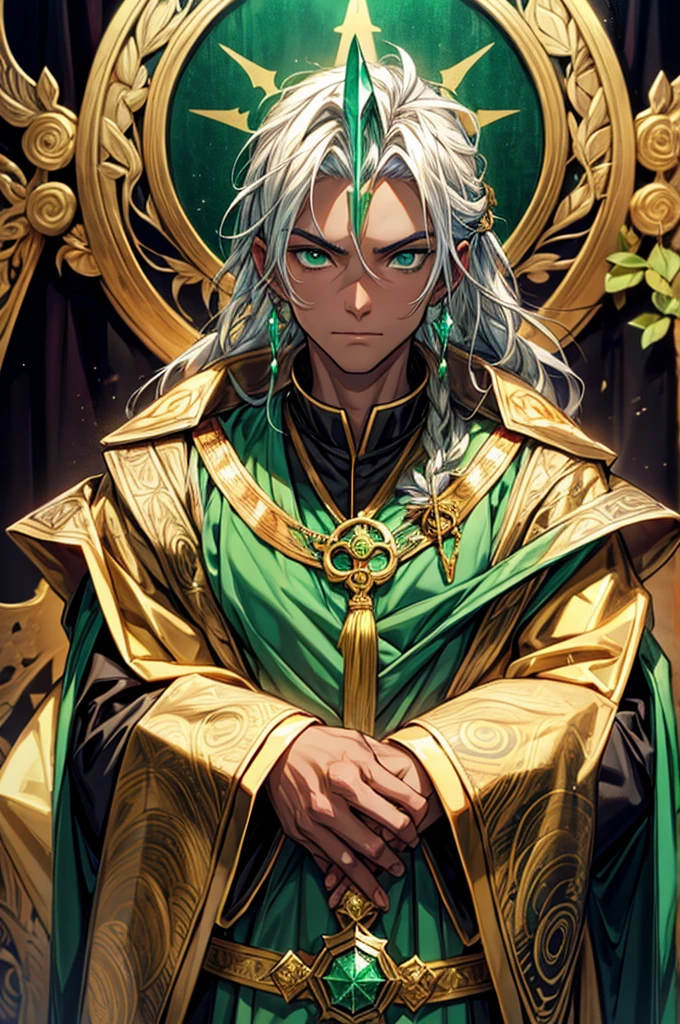 enigmatic priest, with golden ceremonial robes, adorned with ancient symbols. skin tanned, emerald green eyes that shine with wisdom