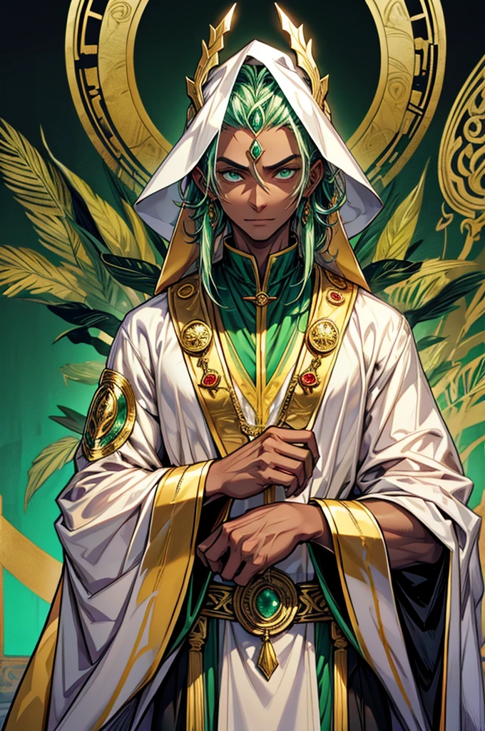 enigmatic priest, with golden ceremonial robes, adorned with ancient symbols. skin tanned, emerald green eyes that shine with wisdom