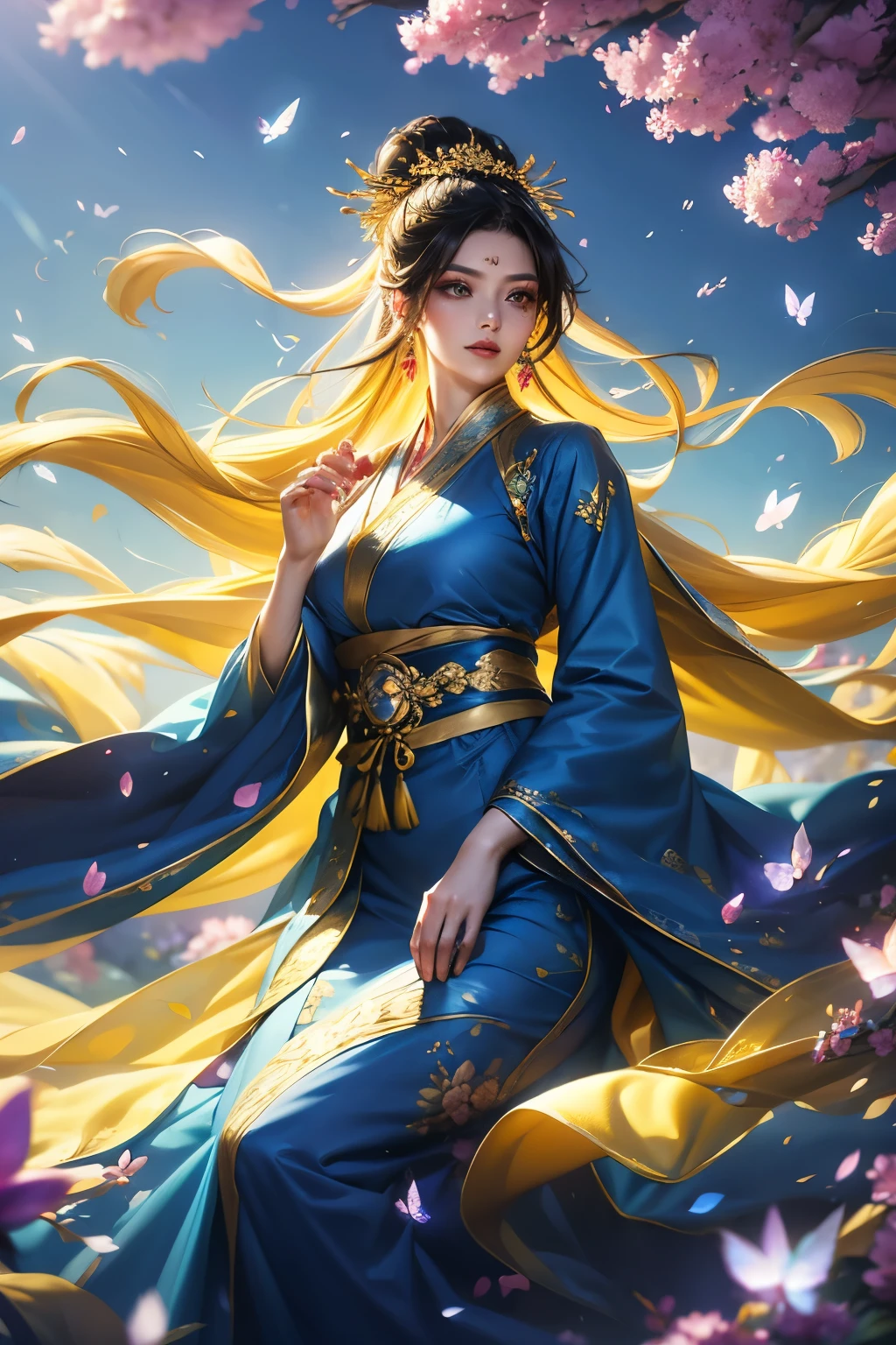 an athereal woman, the eyes can see everything, long lashes, black hair, half-hair tied up, gorgeous golden hair pins, full make up, gorgeous hanfu deep blue dress, jewelries, cloths and hair blowing by the wind, flowers petals, butterflies, background is the imperal place, solf light, colorful shade, hi-quality, masterpiece