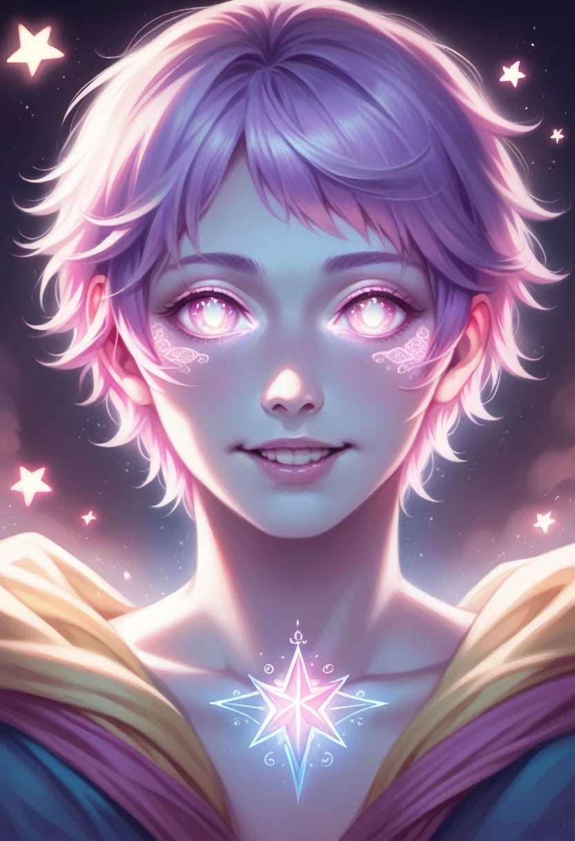 a happy young charismatic man with lavender hair, pastel star aesthetic, detailed eyes, detailed facial features, detailed skin, detailed hair, intricate hairstyle, whimsical expression, pastel colors, glowing skin, soft lighting, fantasy, dreamlike, digital art, vibrant, highly detailed, 8k, photorealistic, cinematic lighting, color harmony, visually stunning