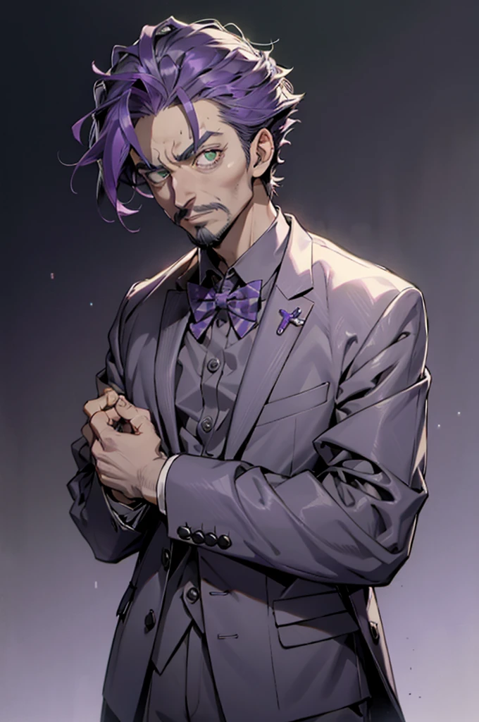 meitu, beetlejuice, anime, manga style, alex brightman starring as beetlejuice,1boy,  beard, black bow, black bowtie, bow, bowtie, facial hair, formal, green eyes, ((purple hair)), male focus, mustache, suit, tuxedo, wlop, guweiz, meitu,((adult)),50 years old,