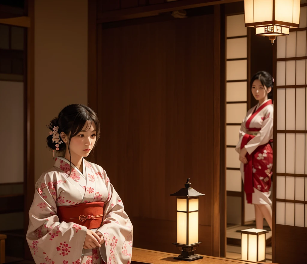 8K resolution, high image quality, high quality, real, a calm scene of a beautiful and sexy woman (luxury prostitute) in the Edo period staring out of the window in a traditional Japanese red light street building. The wooden building has a sliding paper door (shoji) and a lattice window. Oilan wears an exquisite kimono with a complex design, and her hair is styled with a traditional Japanese paper up with a gorgeous hairpin. She stands by the window and looks outside with a thoughtful expression. Outside, cherry trees line the street, their petals fall gently, and traditional lanterns illuminate the street with a soft and warm glow. The atmosphere is peaceful, but there is a sense of admit.