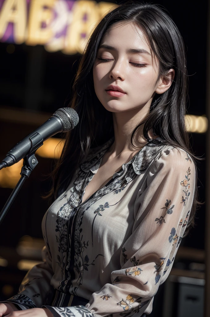 A beautiful woman with long straight black hair, (eyes closed:1.37), thin eyebrows, (wearing a floral (blouse:1.37)), with large full breasts, (holding a microphone with one hand and the other is up), (best quality, 4k, 8k, high resolution, masterpiece:1.2), ultra detailed, (realistic, photorealistic, photorealistic:1.37), highly detailed portrait, intricate details, extremely detailed facial features, extremely detailed clothing, exquisite shading, vivid colors, cinematic lighting, atmospheric lighting, chiaroscuro, dramatic lighting, dramatic shadows, volumetric lighting, depth of field, bokeh