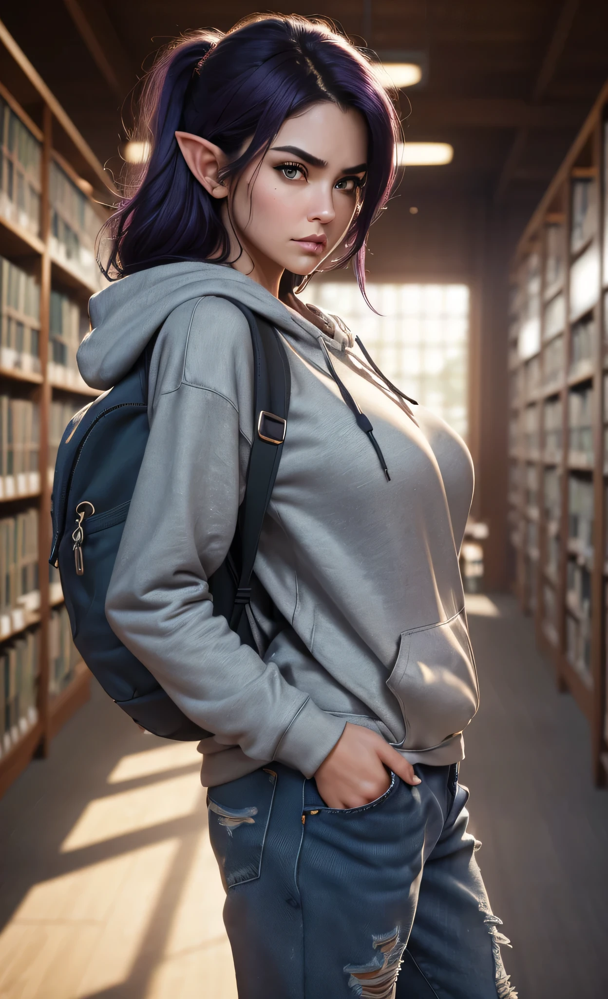 (masterpiece), (extremely intricate:1.3), (realistic), portrait of a girl, huge and perfect breasts, the most beautiful in the world, dark eyebrows, bright purple hair, (Sue Clearwater:1.3), scowl, (annoyed pout:1.2), blushing heavily, (oversized baggy cosy hoodie), (ripped baggy jeans), (canvas sneakers), (backpack), (elf ears:1.1), tanned, detailed textures, indoors, bright sunlight, (college library:1.4), professional photograph of a stunning woman detailed, looking at the camera, alluring stare, detailed eyes, sharp focus, dramatic, award winning, cinematic lighting, octane render unreal engine, volumetrics dtx, (film grain, blurry background, blurry foreground, bokeh, depth of field, motion blur:1.3)