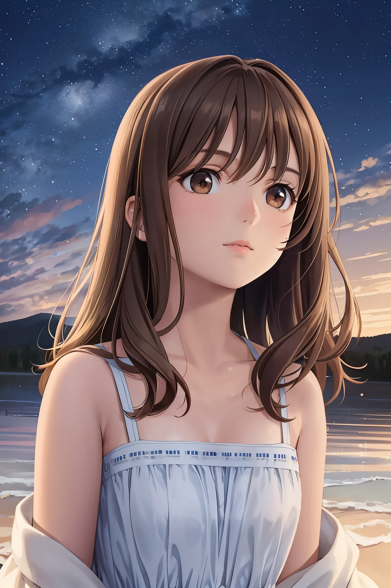 Film Portrait Photography, One girl, Exposing shoulders, Shoulder-length wavy hair, Brown Hair, Calm, (((Looking up at the night sky))), Calm, (Realistic eyes, Natural skin texture, Realistic facial details), Soft and dramatic lighting, Depth of written boundary, Bokeh, Vivid details, In detail, Ultra-realistic, 35mm Film, Blurred, movie,