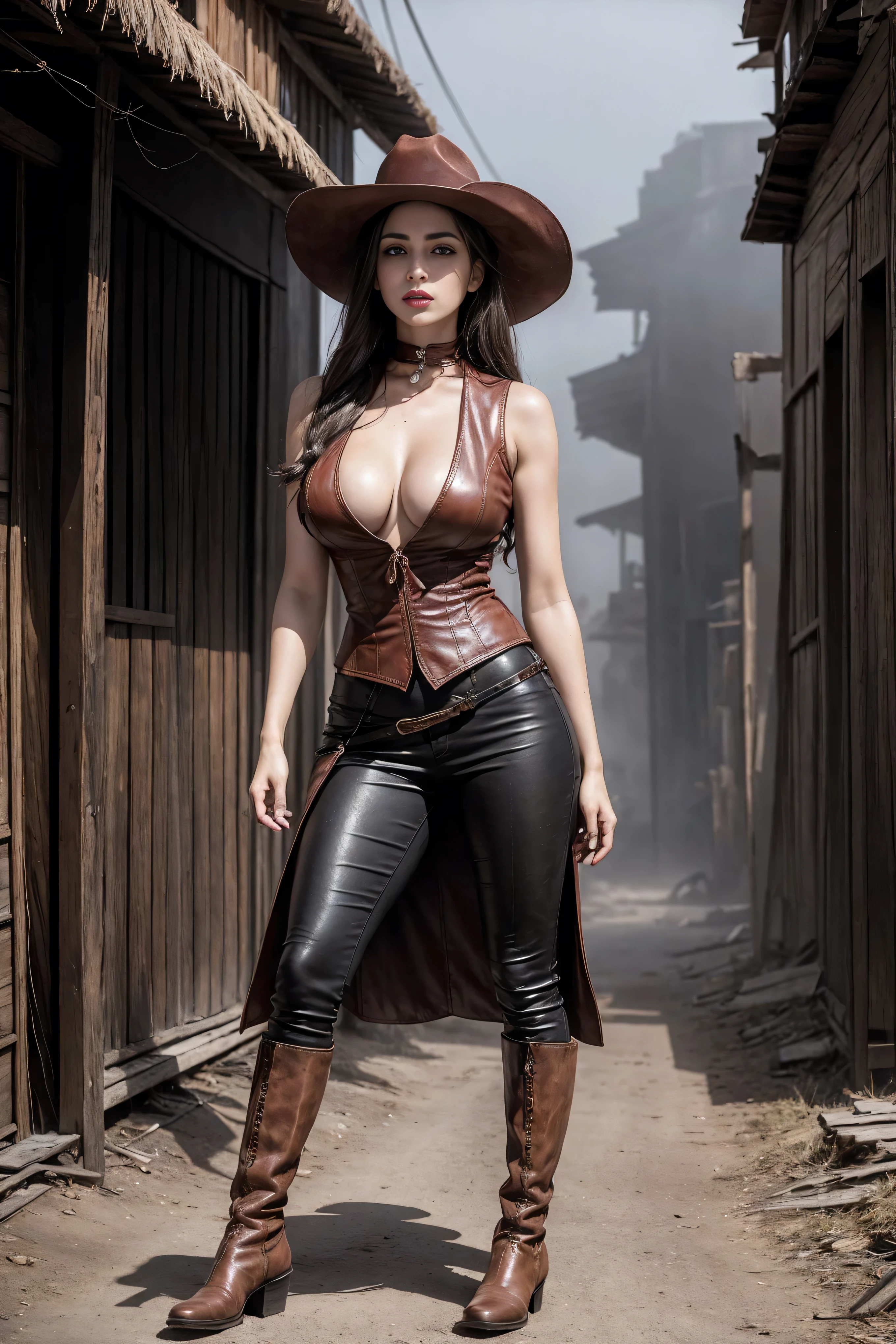 Full body cowboy woman circa 1880s, Brown long straight hair, Brown eyes, High arched eyebrows, Slender and graceful neck, Red lips, Large Breasts, Brown Leather Tights, Sleeveless Brown Leather Vest, Leather Boots, Walking on the dusty sandy streets of a deserted North American town，The wind blew through her hair, Practical, photoPractical, photoPractical, fear, Dark gloomy atmosphere and dramatic lighting, dark red, Foggy environment, Detailed facial expressions, Terrible fog