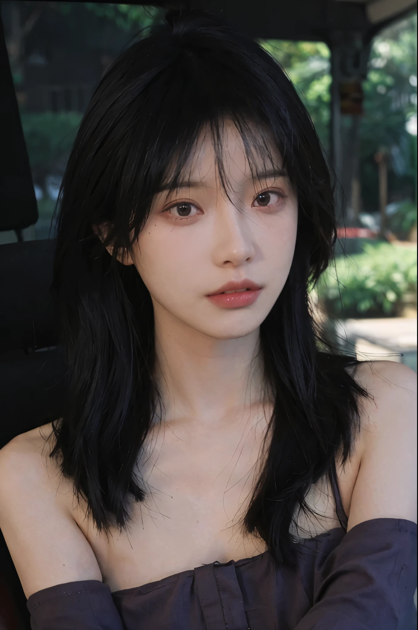 Portrait photography，1 girl，Bare shoulders，Lipstick，Purple short sleeves，(:1.4），Purple sunlight，(sunglasses：1.4），Shoulder-length straight hair，serene，calm，(Realistic and detailed eyes，Natural skin texture，逼真的面部detail)，Soft dramatic lighting，Depth of Field，散景生动的detail，detail，Surrealism，35mm film，